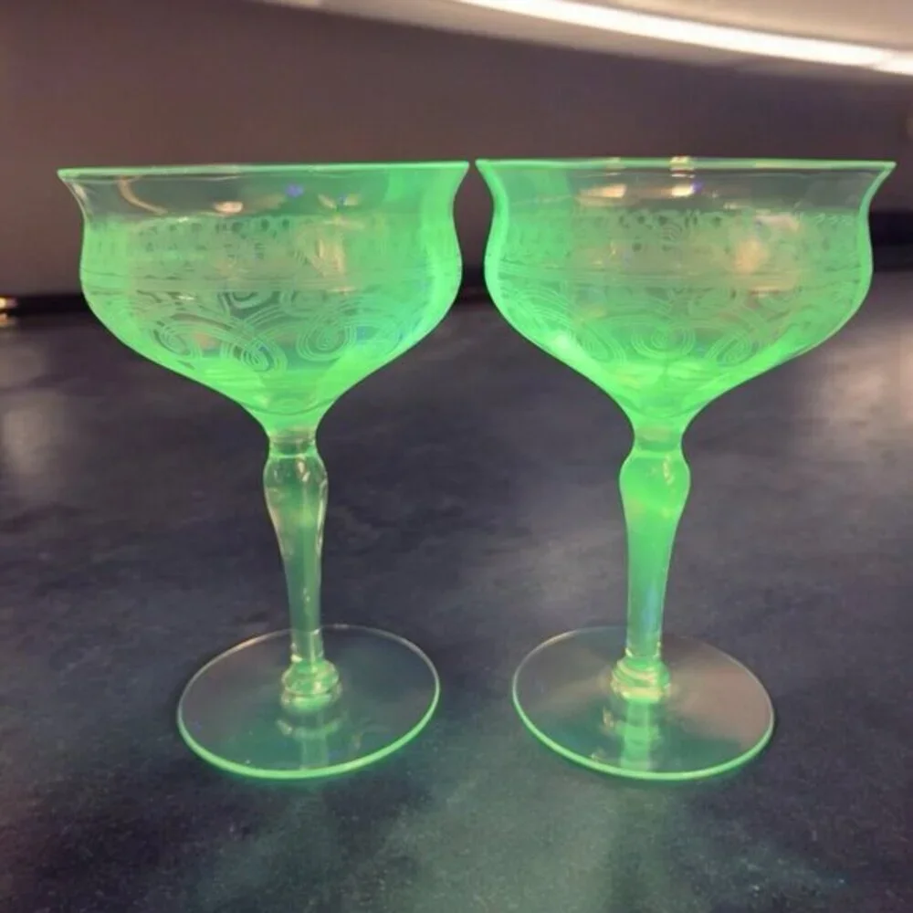 Antique French Glasses Needle Etched Green UV Manganese 365nm Set 2 Drink Cups